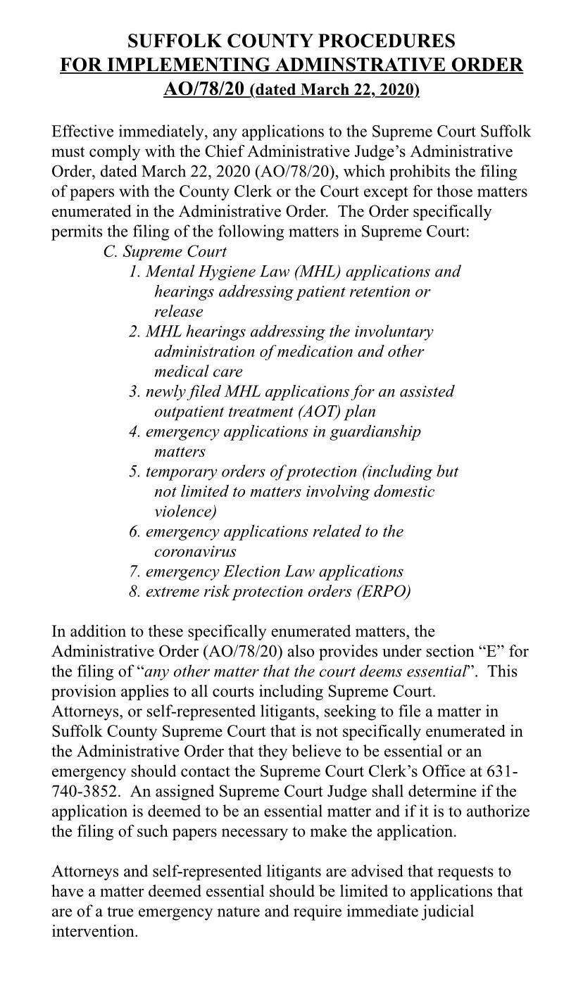 Suffolk County Supreme Court Chief Administrative Judge Order regarding court business during Covid-19 crisis